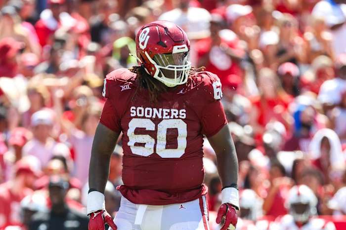 Oklahoma Sooners offensive lineman Tyler Guyton (60) in action against the Arkansas State Red Wolves at Gaylord Family-Oklahoma Memorial Stadium.